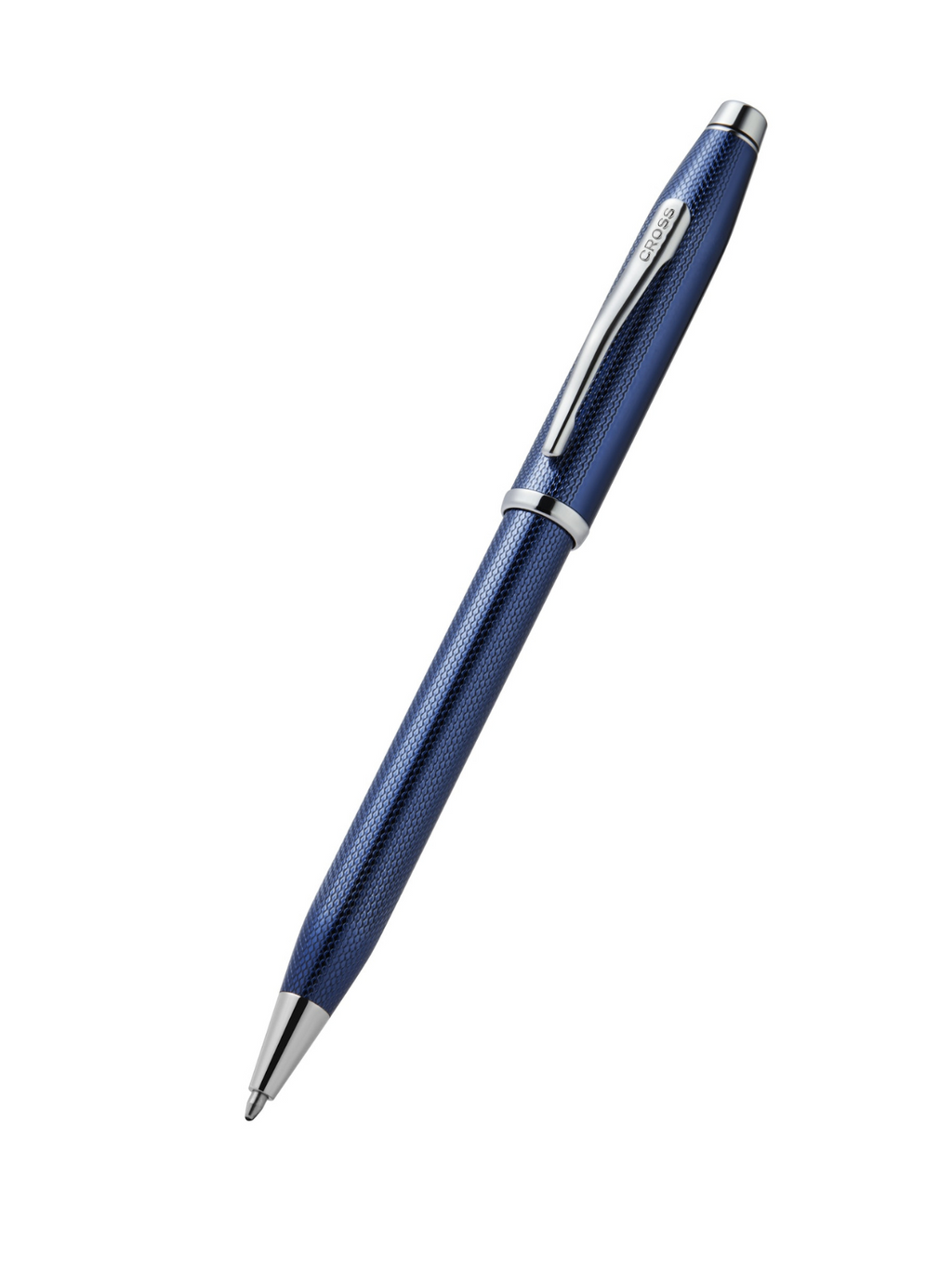 Cobalt blue translucent ballpoint pen with engraved diamond pattern and chrome end cap