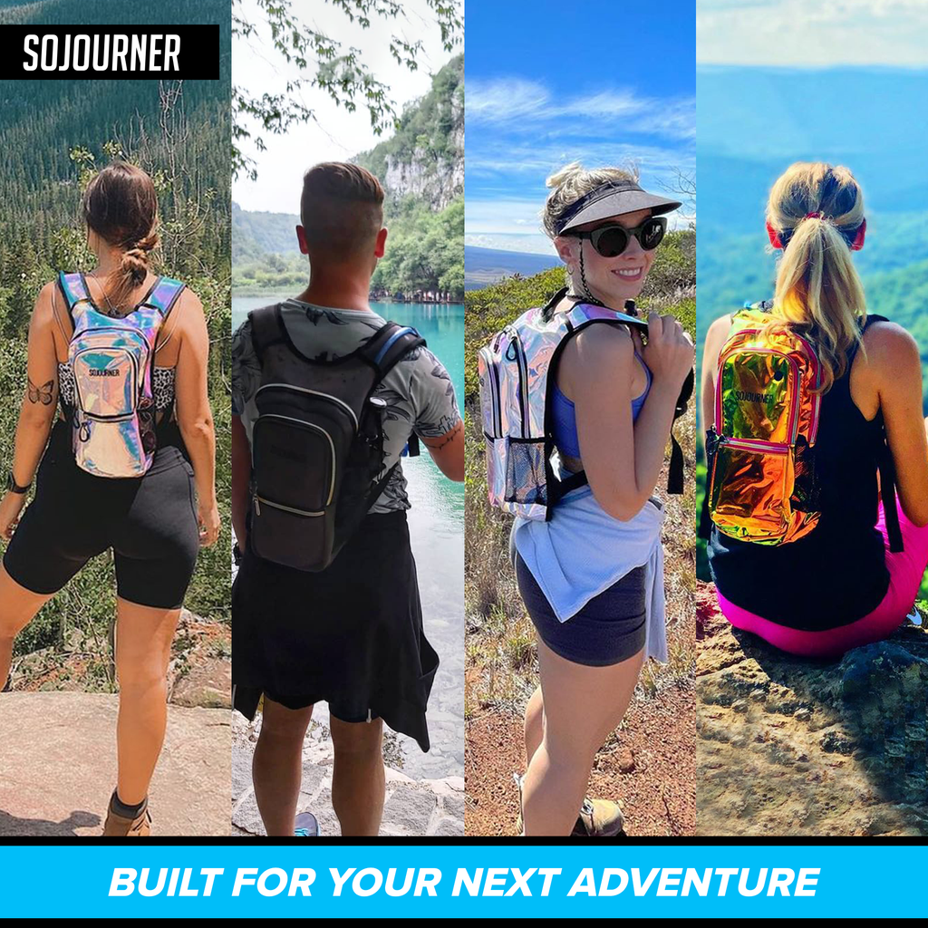 Holographic hydration pack backpack worn for hiking and travel
