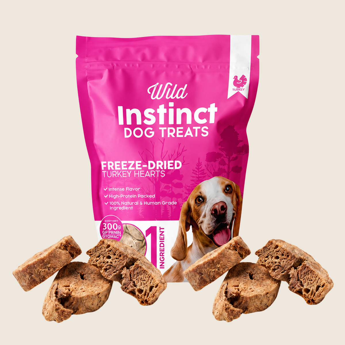 Freeze-dried turkey heart dog treats with pink pouch and bite-size heart pieces