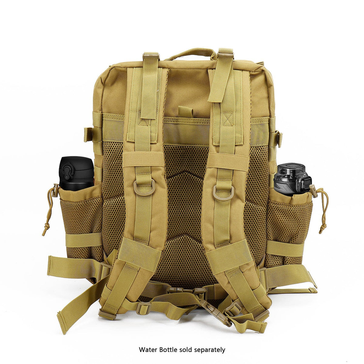 Khaki tactical laptop backpack with breathable mesh back panel and adjustable shoulder straps