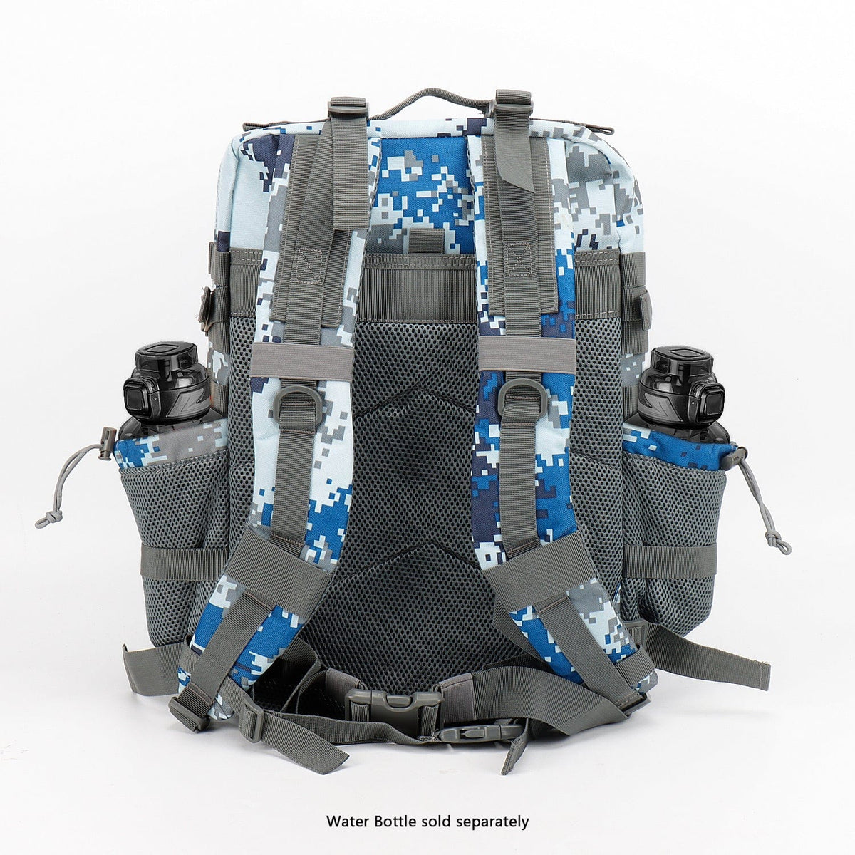 Blue camouflage travel backpack back view with padded straps and side drink bottle holders.