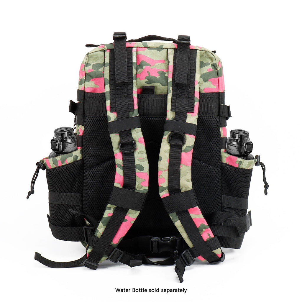 Pink camouflage travel backpack back view with padded harness straps and support panel