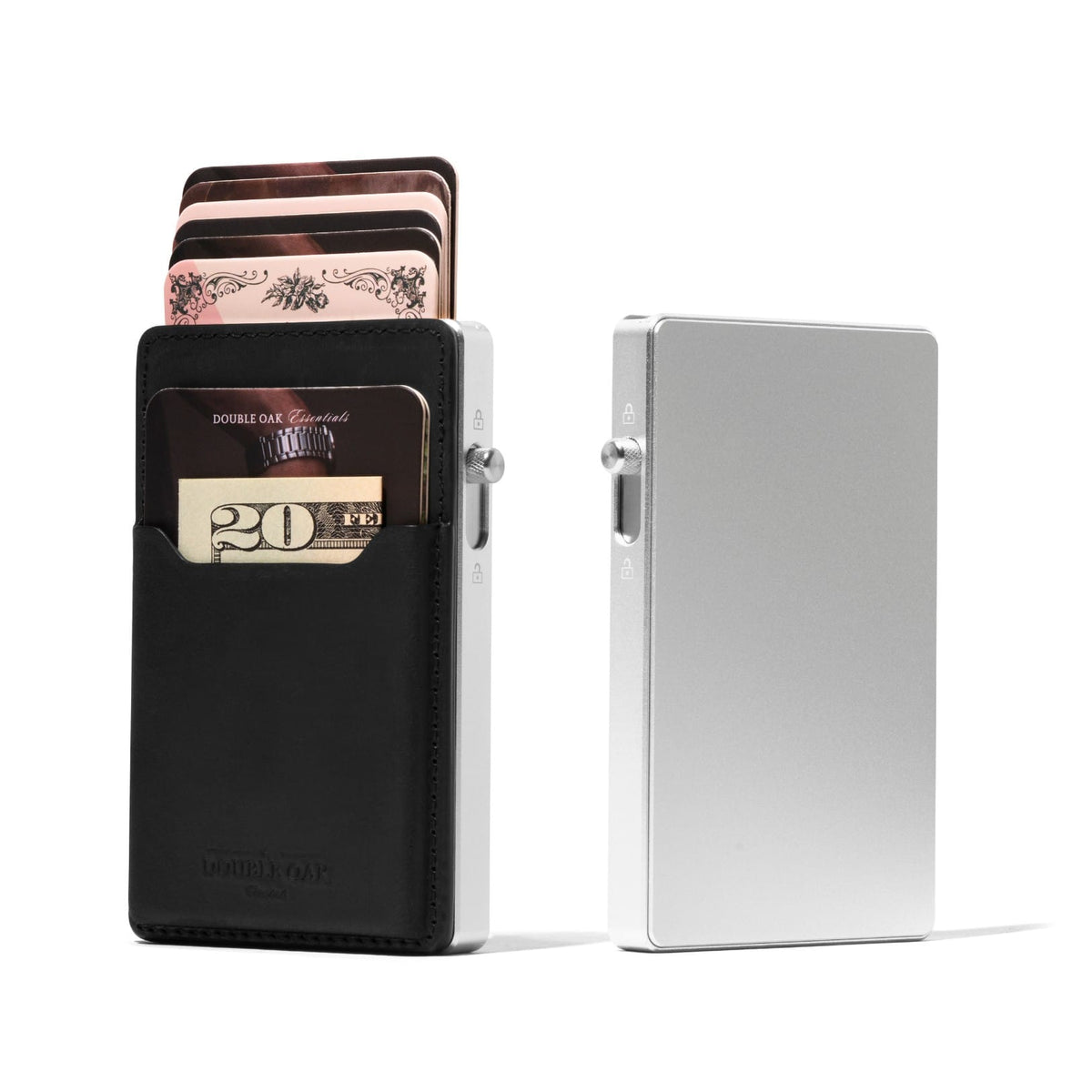 Mod wallet with black leather cardholder and silver aluminum frame, slim card case