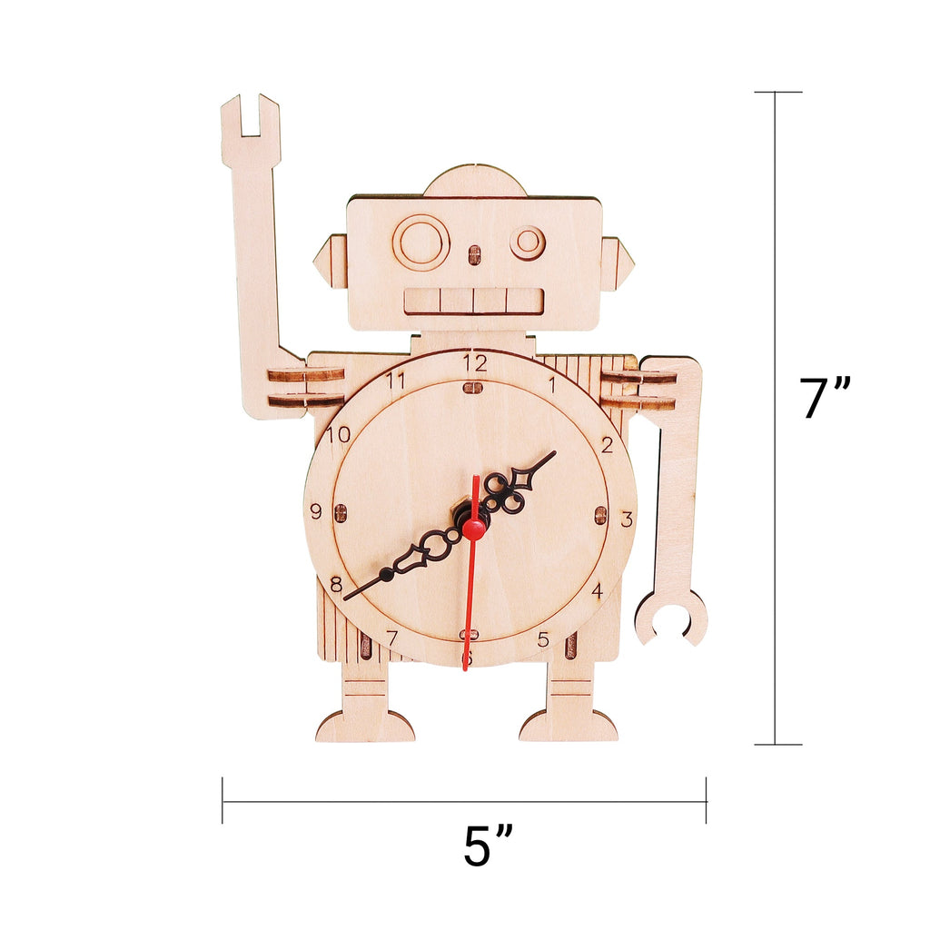 Wooden robot clock DIY kit front view with round clock face and red center hand