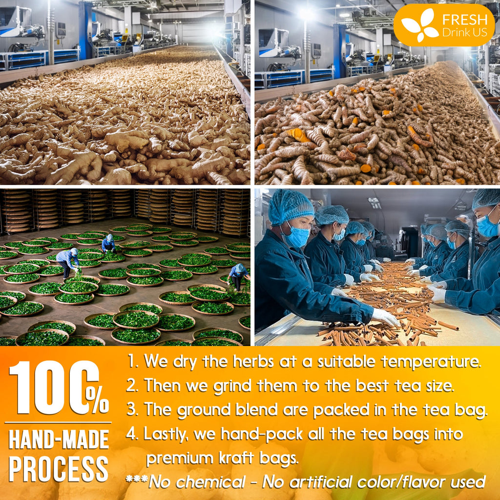 Herb processing and packing line with workers handling dried tea ingredients