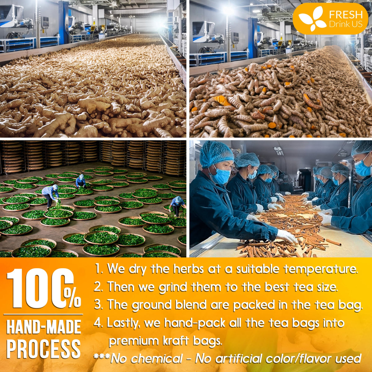Herb processing and packing line with workers handling dried tea ingredients