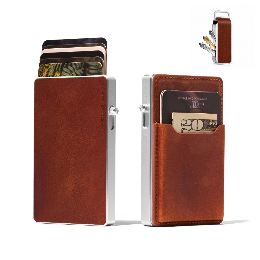 Brown leather card wallet with card slots and key organizer attachment; shows front and back.
