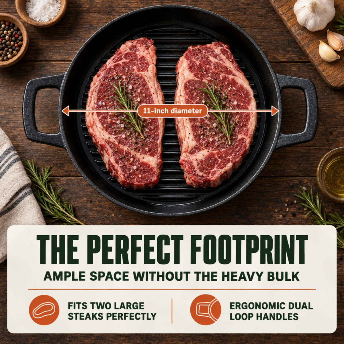 11-inch enameled grill pan with ridged grate holding two steaks