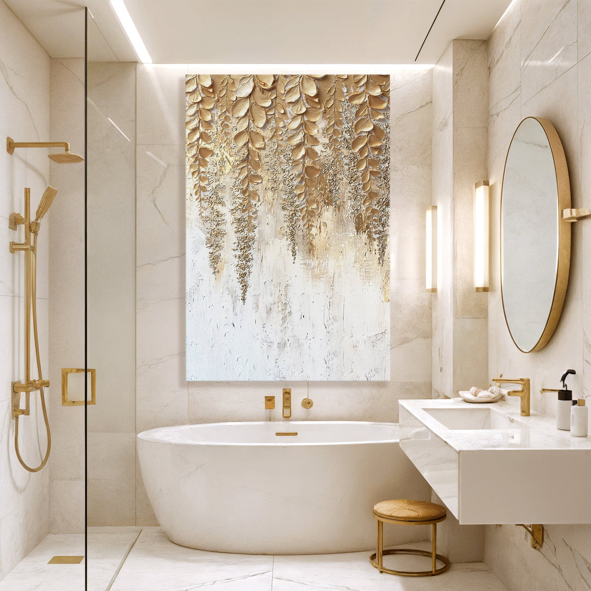 Gold botanical wall art canvas with raised leaf design over distressed white paint