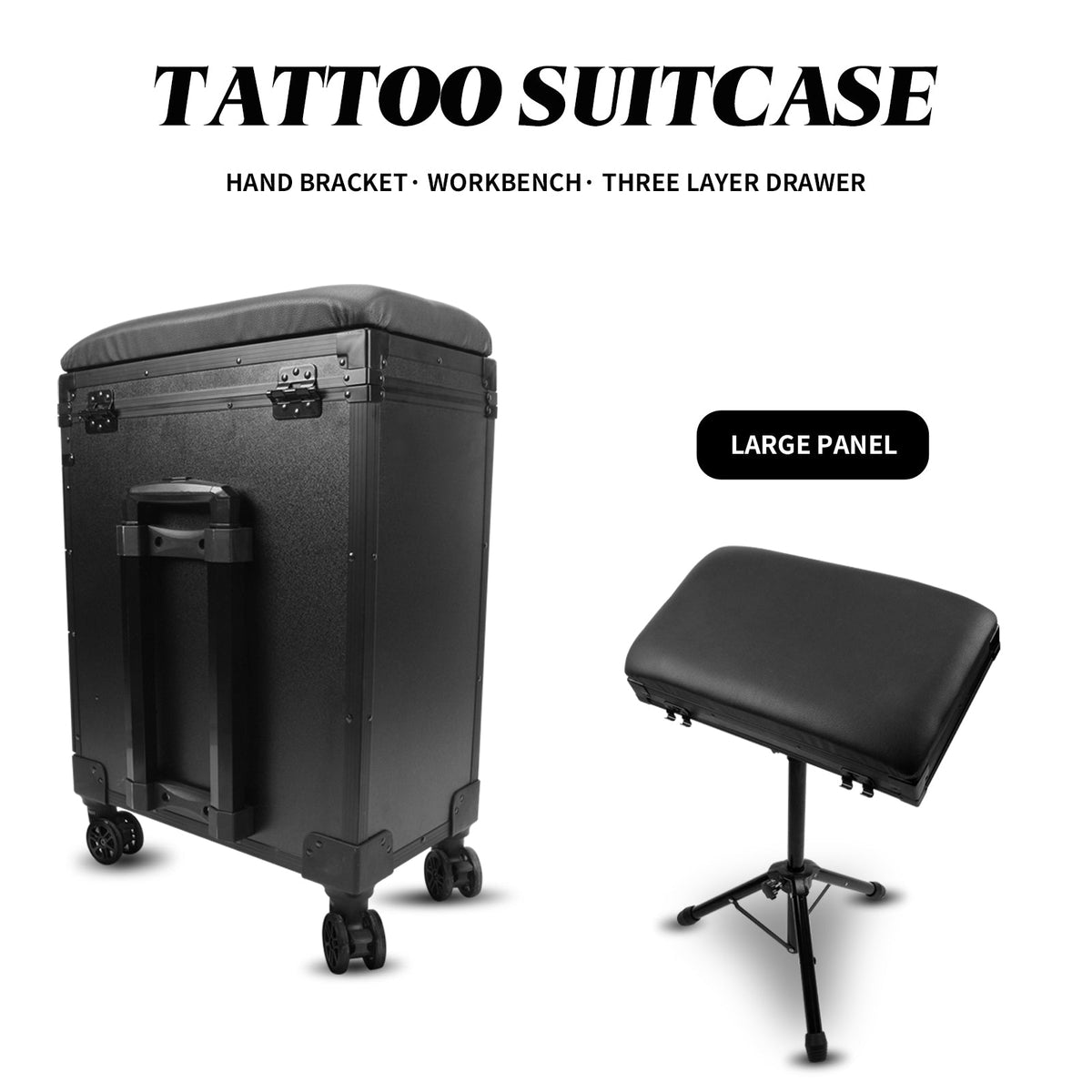 Black tattoo supply suitcase with hinged lid, large panel, and matching stool
