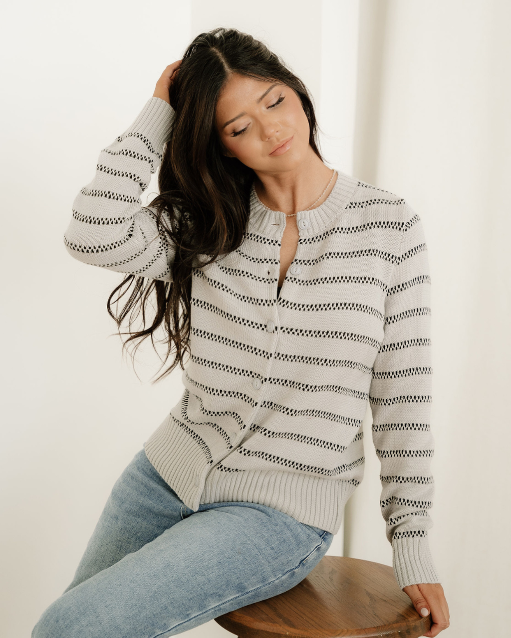 Button-front ribbed trim cardigan, cream with dark horizontal stripes and round neckline
