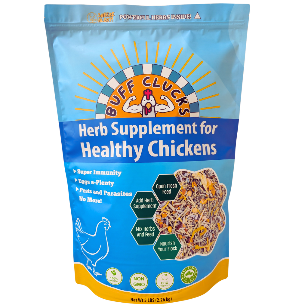 Front view of a blue herb supplement pouch for healthy chickens