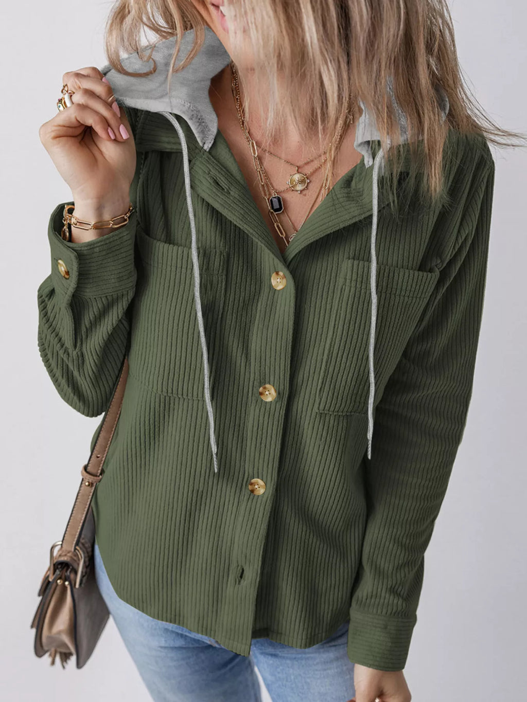 Army green corduroy hooded button-down jacket with drawstring and gold buttons