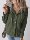 Army green corduroy hooded button-down jacket with drawstring and gold buttons