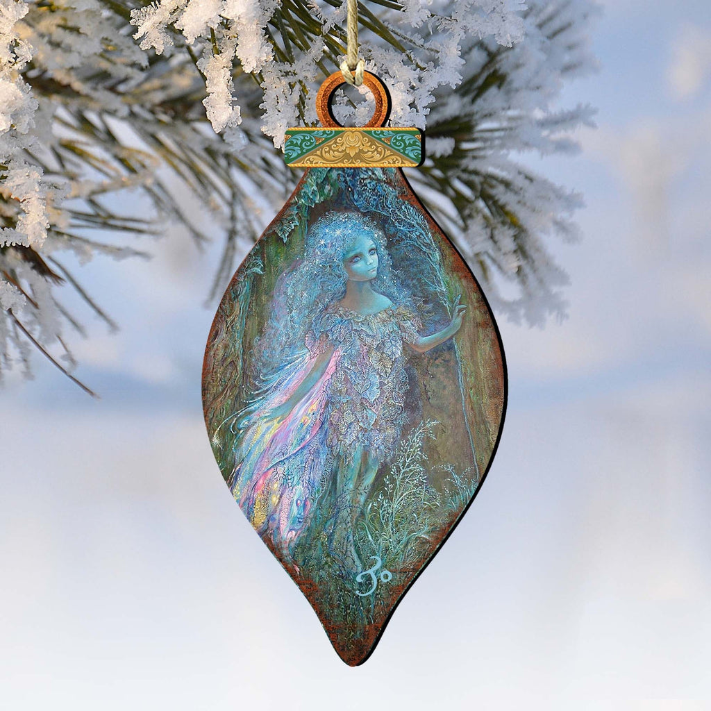 Teardrop wooden forest fairy ornament with blue painted fairy figure, hanging loop.