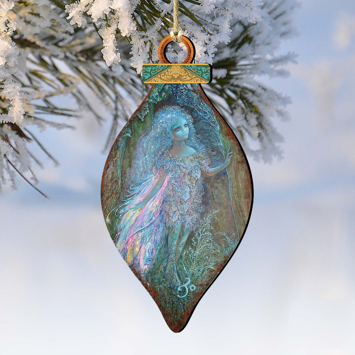 Teardrop wooden forest fairy ornament with blue painted fairy figure, hanging loop.