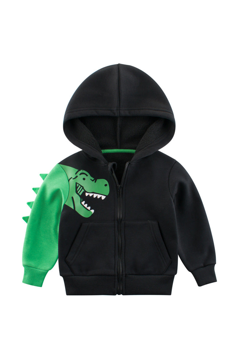Black children's zip hoodie sweater with green dinosaur graphic, hood and zipper front