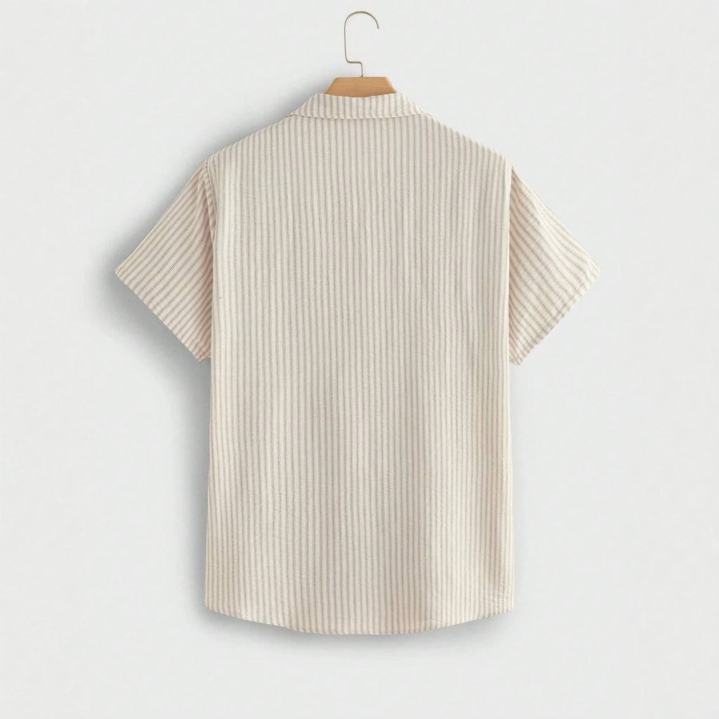 Beige striped short-sleeve shirt back view on hanger