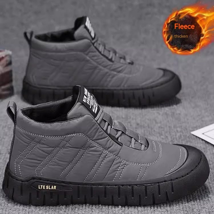 Men's gray high-top winter boots, lace-up quilted design with textured rubber outsole