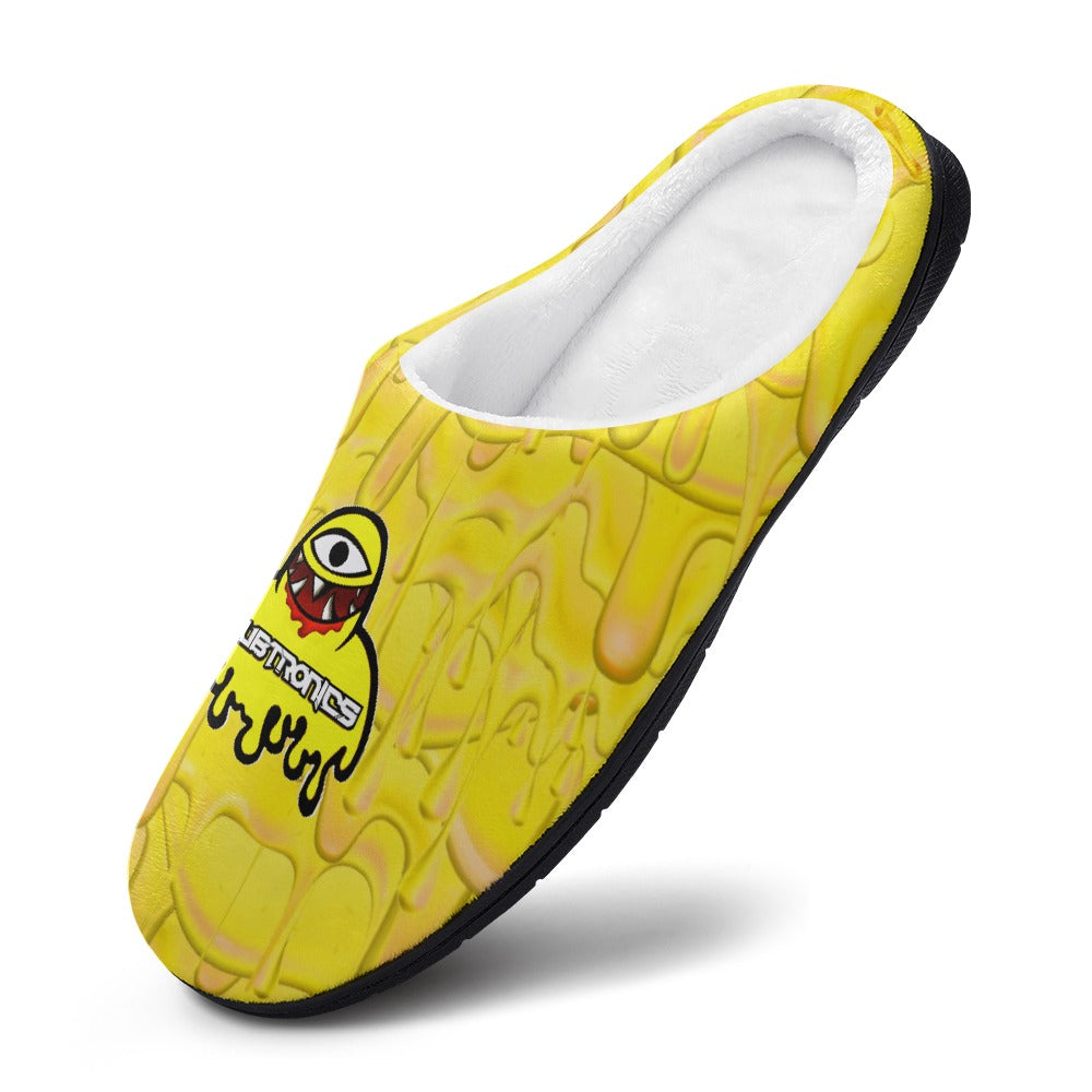 Yellow cotton slip-on slipper with white lining and black rubber sole, graphic front.