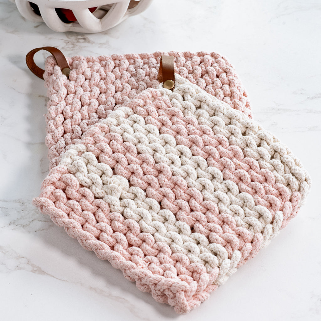 Chunky knit cotton pot holder, pink with cream stripe and leather hanging loop