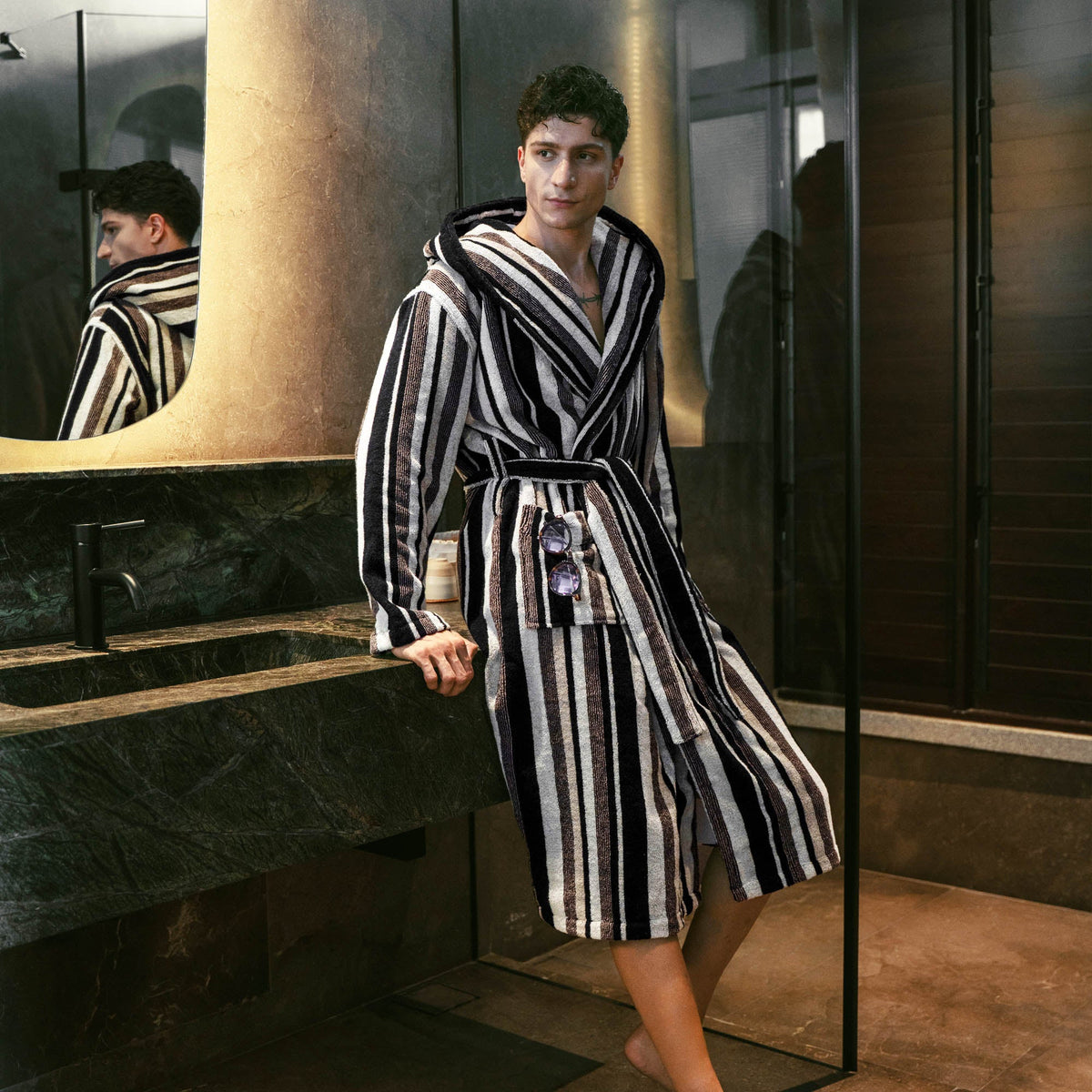 Unisex striped cotton bathrobe with hood, thick vertical stripes and waist belt
