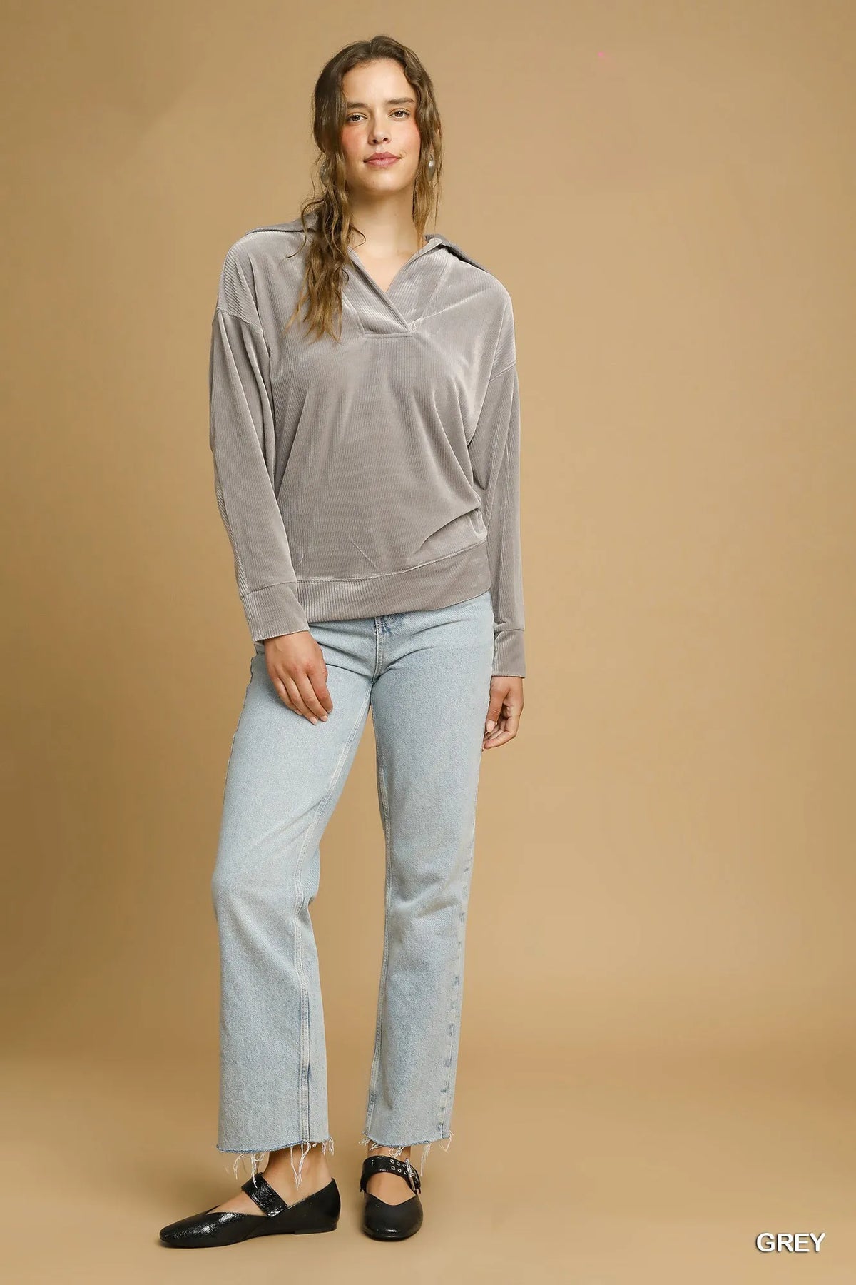 Grey collared long-sleeve pullover top with ribbed cuffs