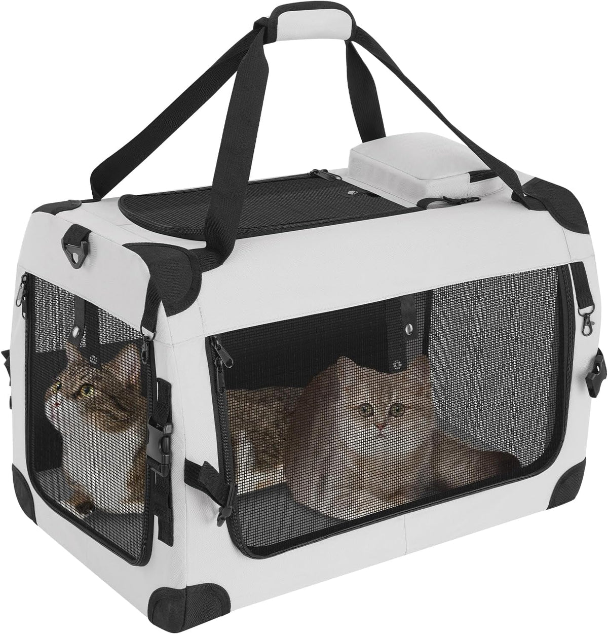 Large soft-sided pet carrier with multiple zip mesh panels and padded top, white and dark gray