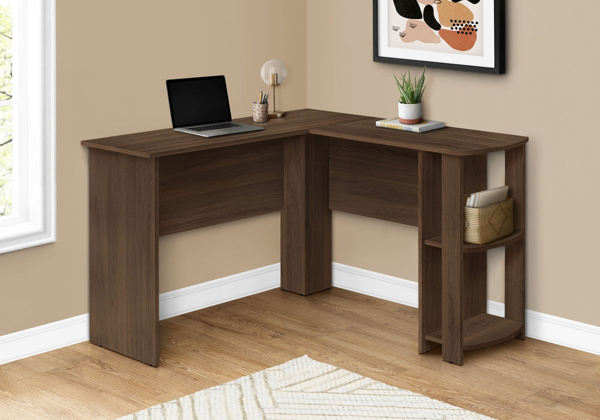 Walnut corner computer desk with open center and curved right storage shelf