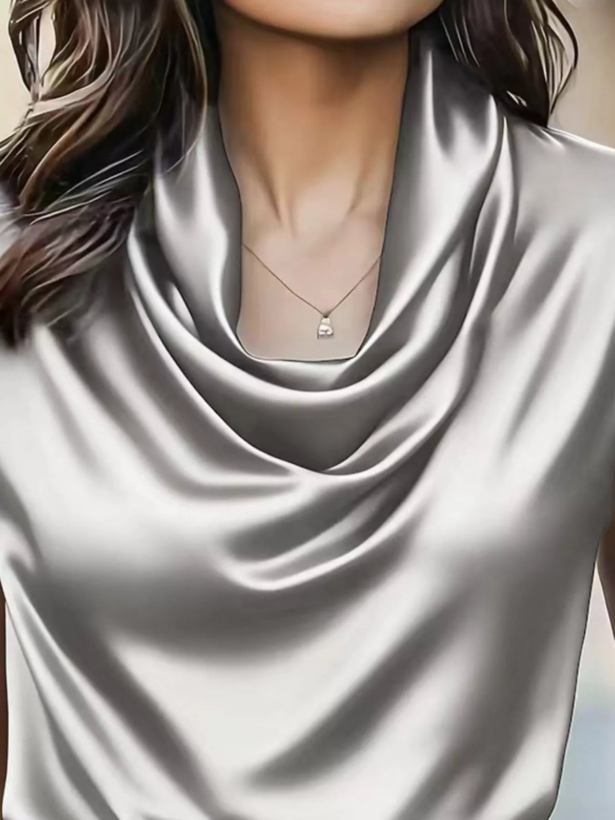 Gray satin cowl-neck blouse with draped neckline detail