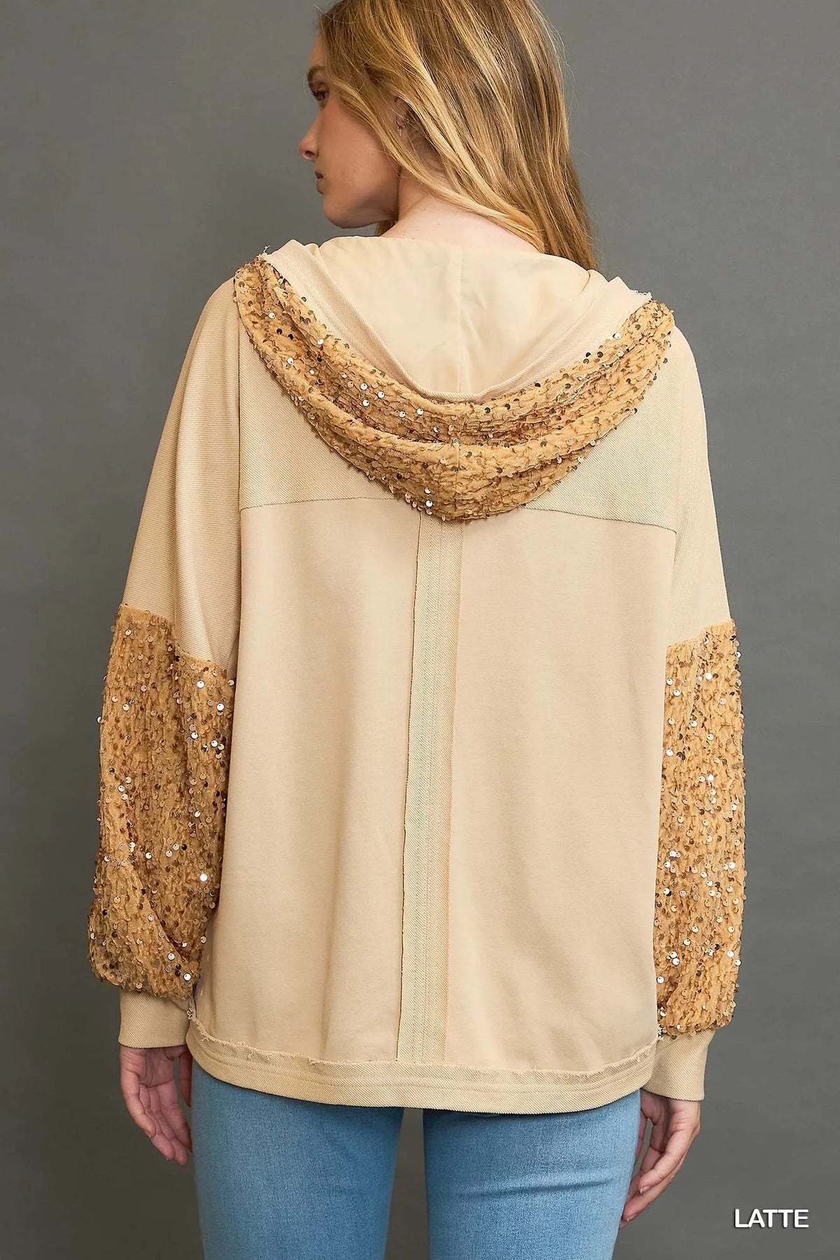 Latte sequin-trim French terry hoodie jacket back view with sequined hood trim