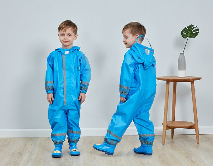 Blue kids conjoined raincoat with hood, zipper front, and reflective bands on sleeves and legs