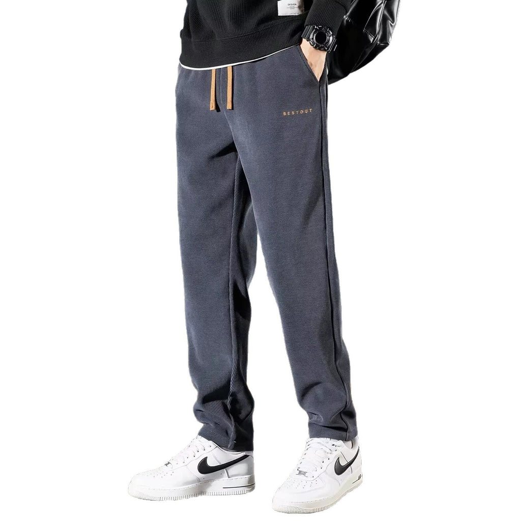 Men's straight-leg corduroy pants, dark gray, drawstring waist, cuffed ankles