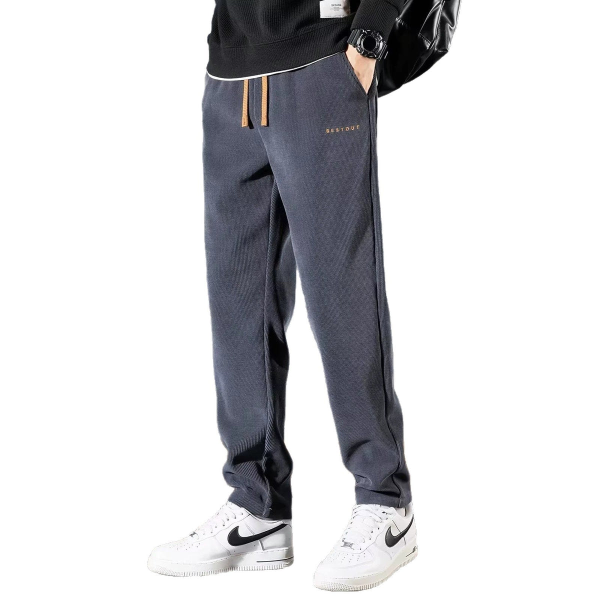 Men's straight-leg corduroy pants, dark gray, drawstring waist, cuffed ankles