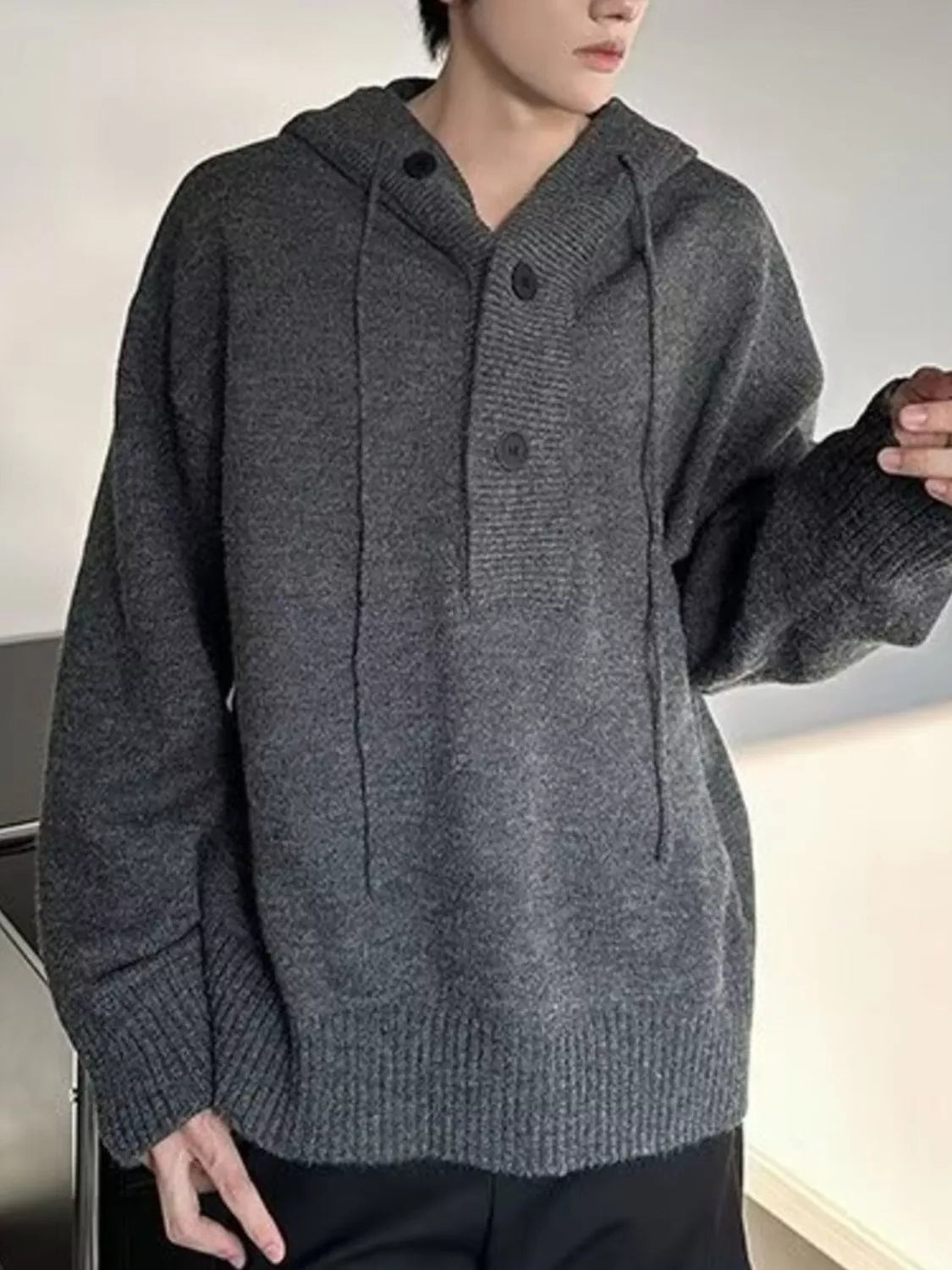Gray knit hooded sweater with button front and textured knit detail