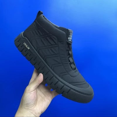 Men's dark gray high-top winter boots, side view with lace-up and rugged sole