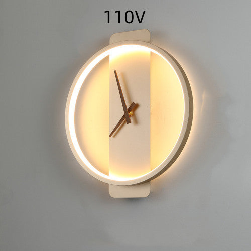 Gold round clock wall lamp with warm LED ring and center clock hands
