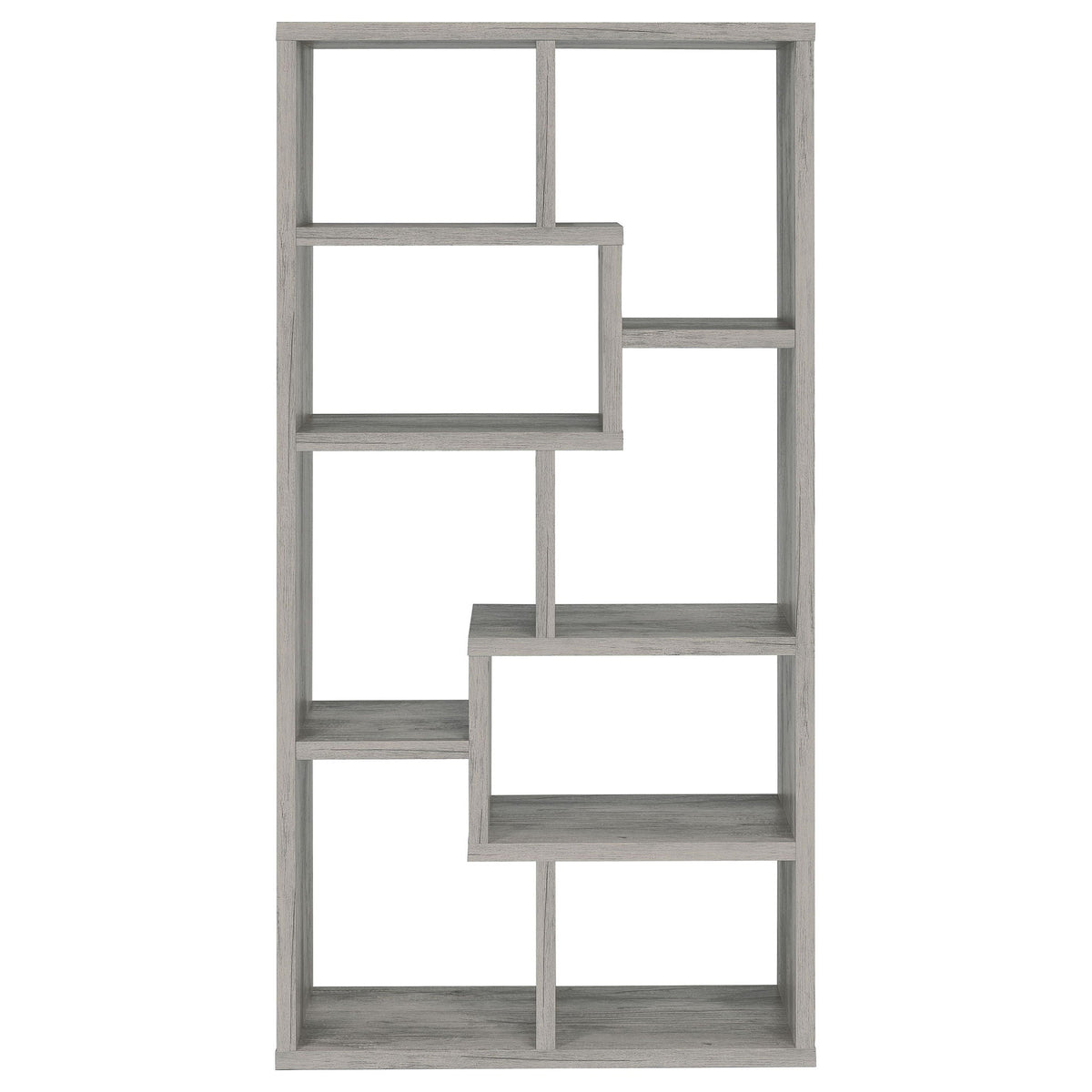 Grey driftwood 6-shelf bookcase, front view with staggered open shelving