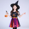 Children's witch costume: black hat, black top, rainbow striped tulle skirt with jack-o-lanterns