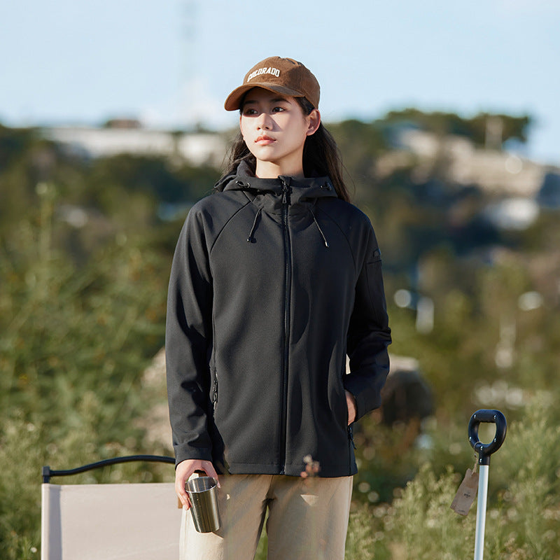 Black waterproof soft shell jacket with hood, full-zip front, and drawstring details
