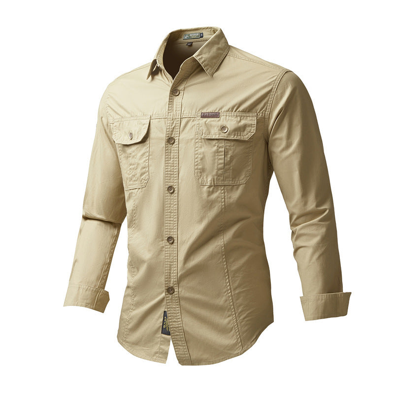 Men's utility work shirt, beige/khaki, button-front, chest pockets, long sleeves