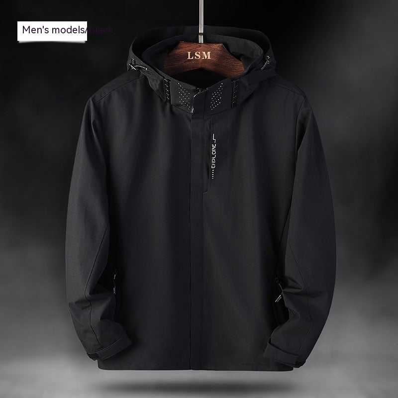 Men's black waterproof hooded jacket, zip front and side zipper pockets visible on sleeves.