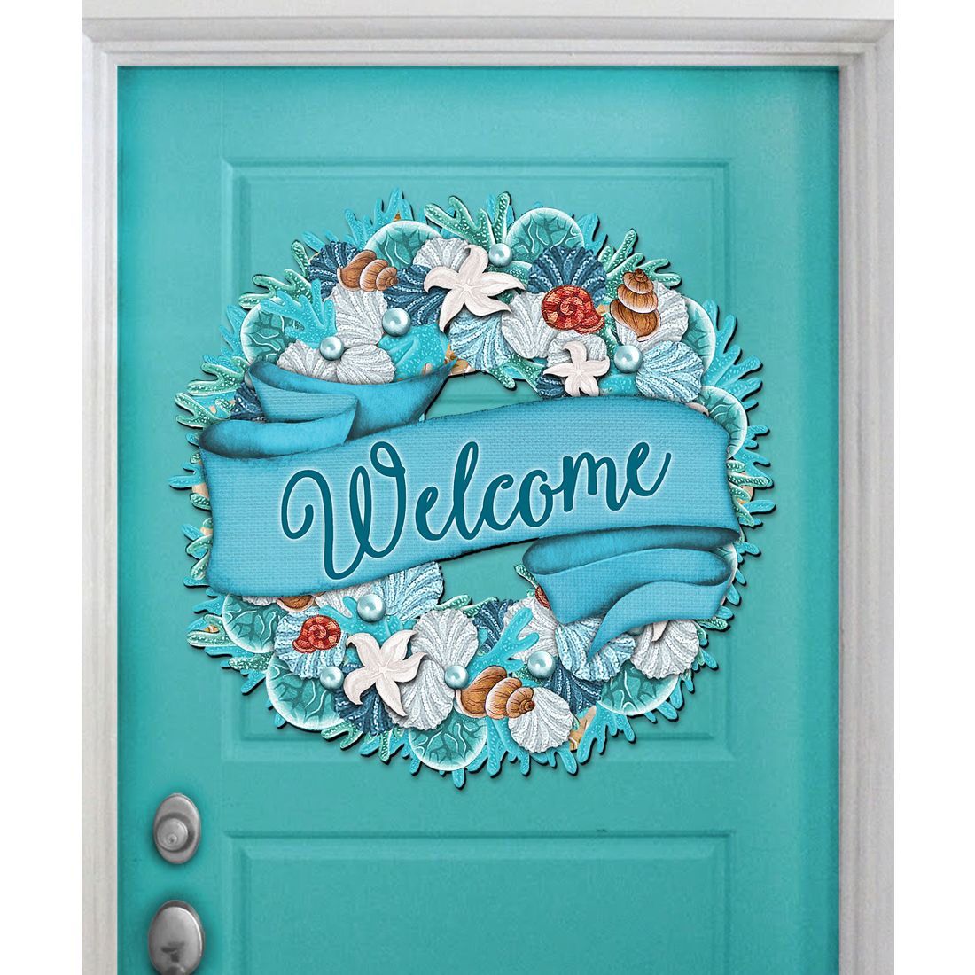 Blue coastal welcome door wreath with seashells, starfish, and textured ribbon