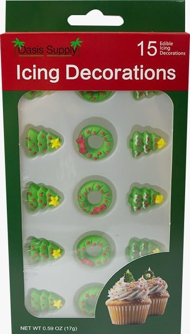 Edible icing cake decorations with green wreath circles and tree shapes, 15 pieces