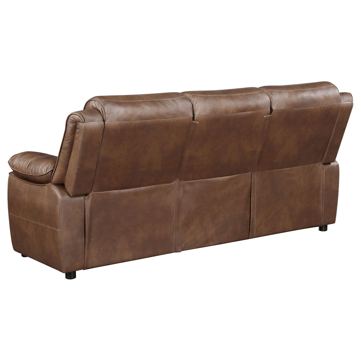 Dark brown upholstered sofa with padded arms, panel backrest, and low legs