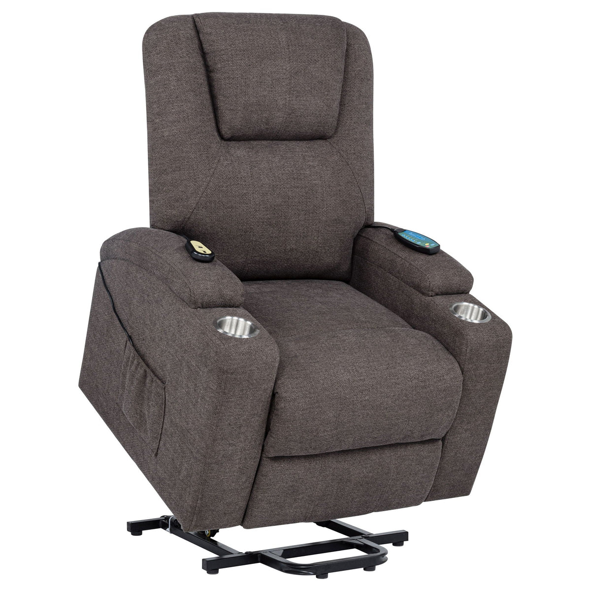 Louie Chenille power lift massage chair with two arm controls, cup holders, dark chenille