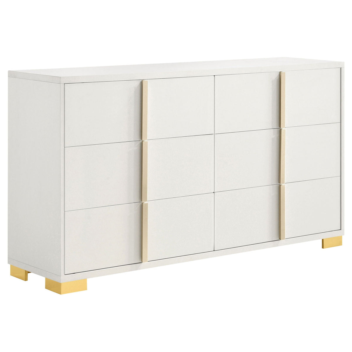 White 6-drawer dresser cabinet with gold-toned legs