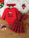 Red Christmas bodysuit with plaid dress, plaid bow headband, and embroidered graphic