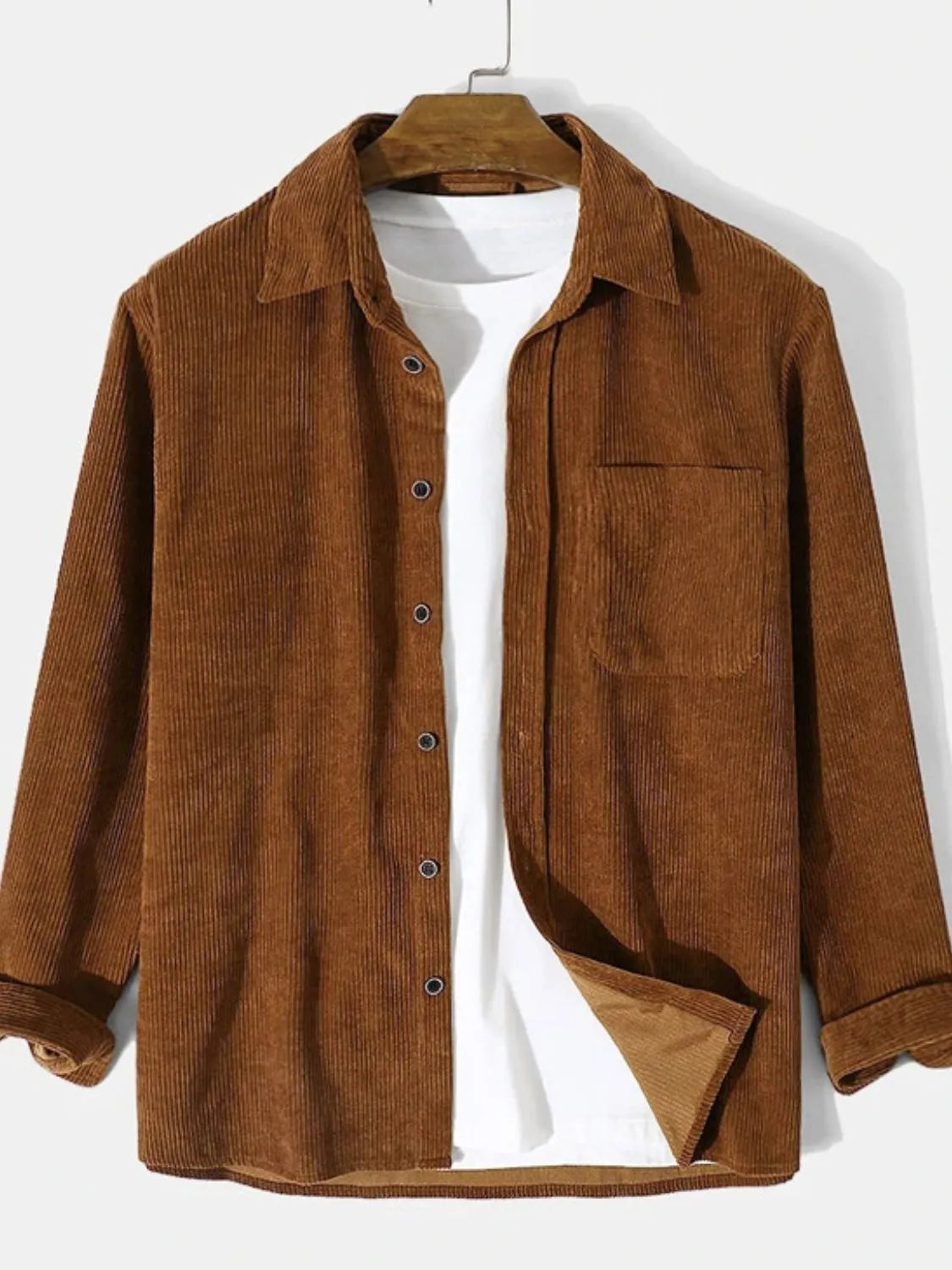Men's brown corduroy button-up long-sleeve shirt with chest pocket