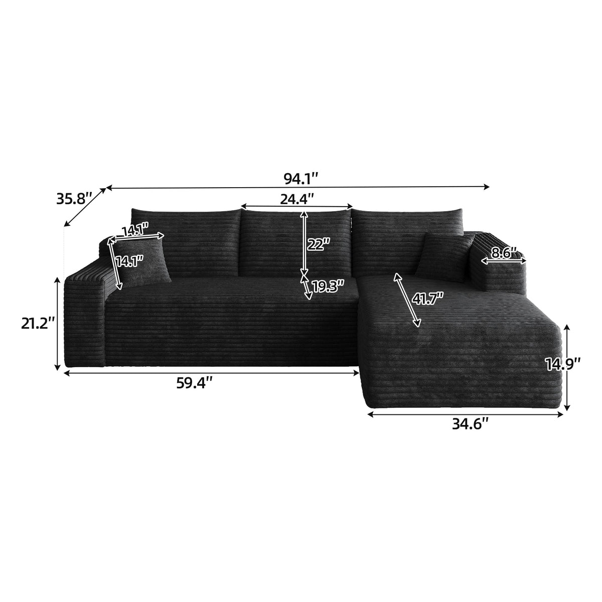 Black sectional sofa layout diagram with labeled dimensions and chaise measurements